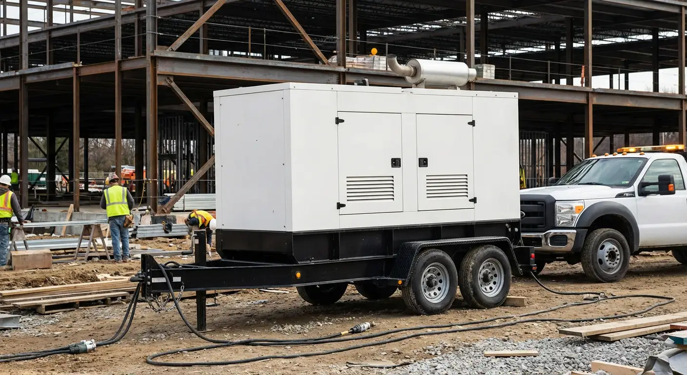 A rugged 100kW towable generator positioned on a dusty construction site near a steel framework, with yellow heavy-duty cables running toward the structure. in National City, CA