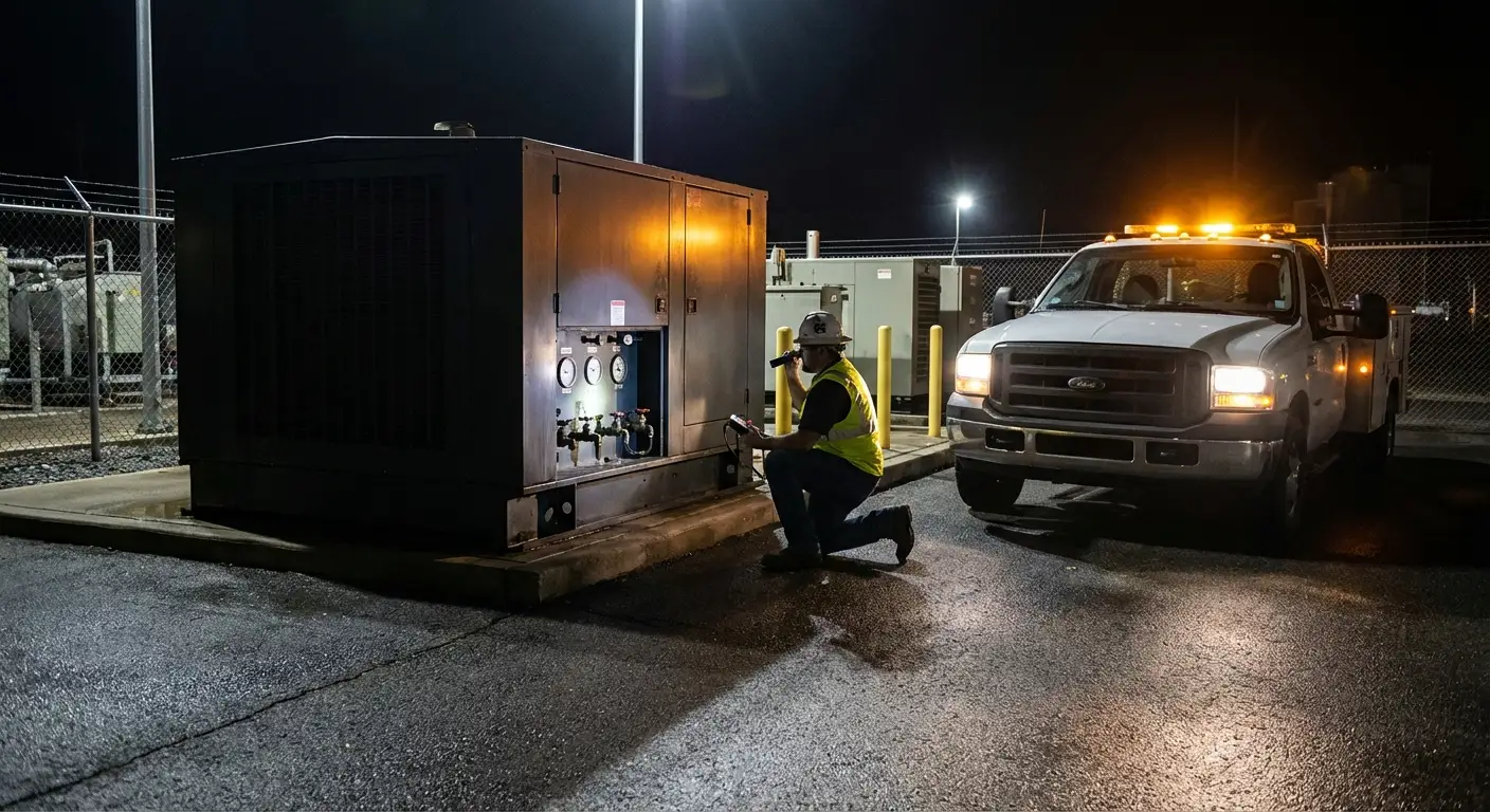 Nighttime shot of a fuel technician monitoring a flow meter while refueling a massive white standby generator enclosure near a secure building. in National City, CA