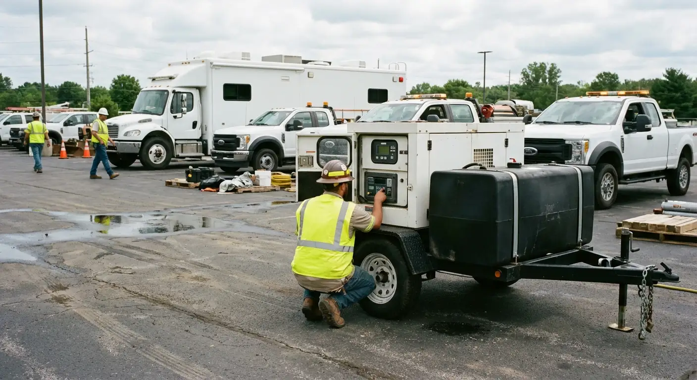 A high-angle shot of an emergency response staging area with a large black mobile command vehicle (bus style); a white industrial generator sits adjacent, with a technician checking the control panel. in National City, CA
