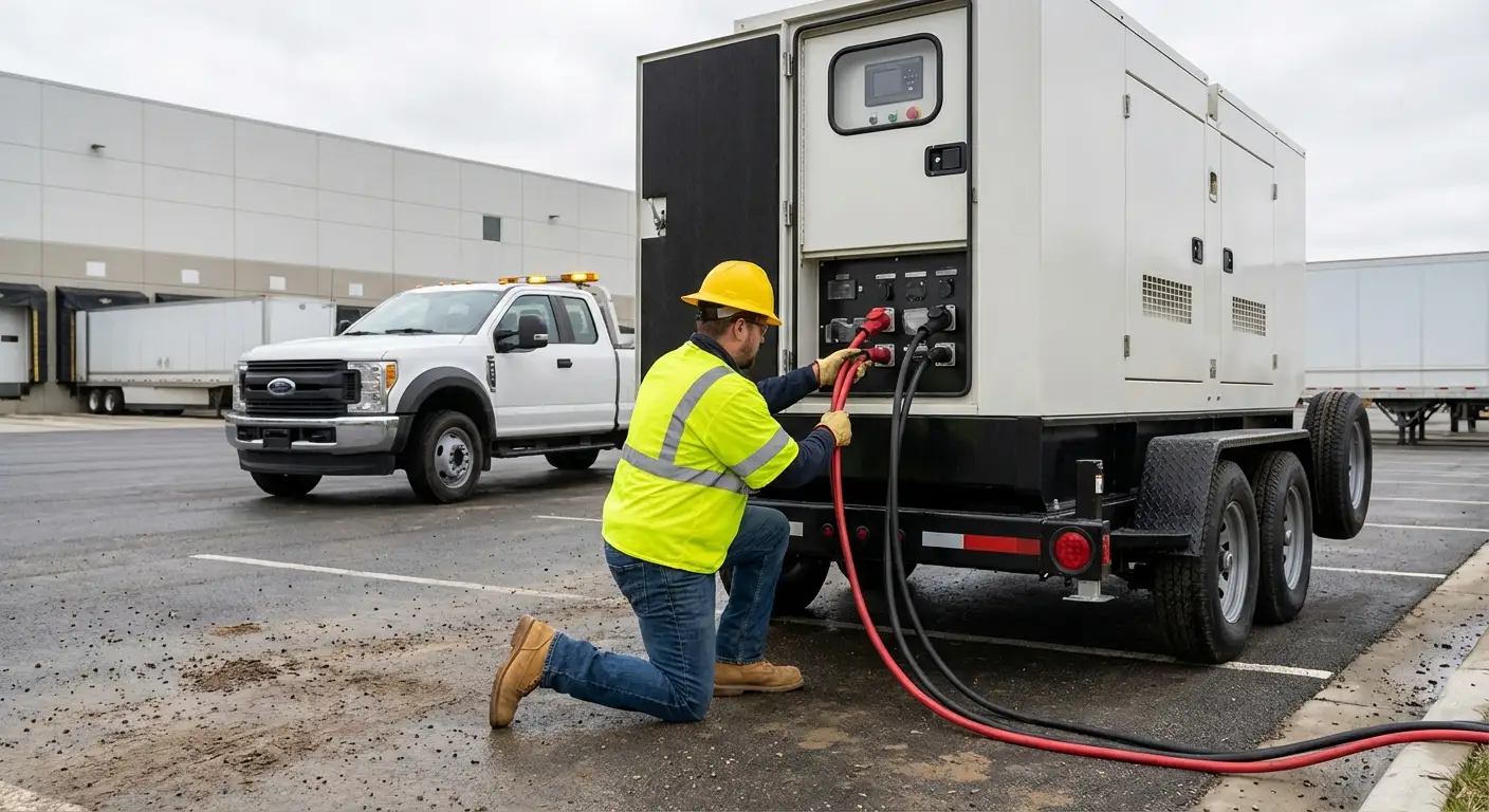 A 500kW mobile generator parked next to a large modern distribution center loading dock at dusk, powering temporary floodlights and equipment. in National City, CA
