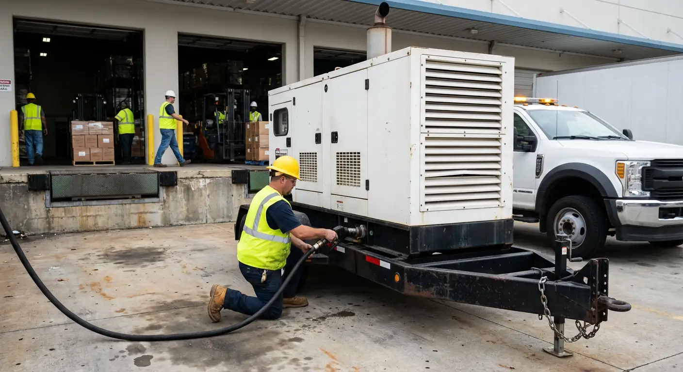 A commercial fuel bobtail truck parked next to a large industrial generator at a busy warehouse loading dock, filling the tank. in National City, CA