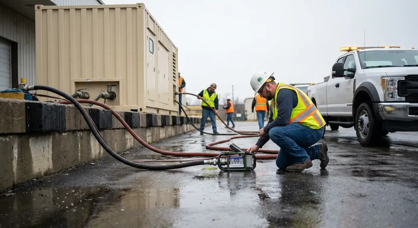 A massive 500kW containerized generator parked in a commercial loading dock during a rainy evening, with a fuel truck parked alongside extending a hose. in National City, CA