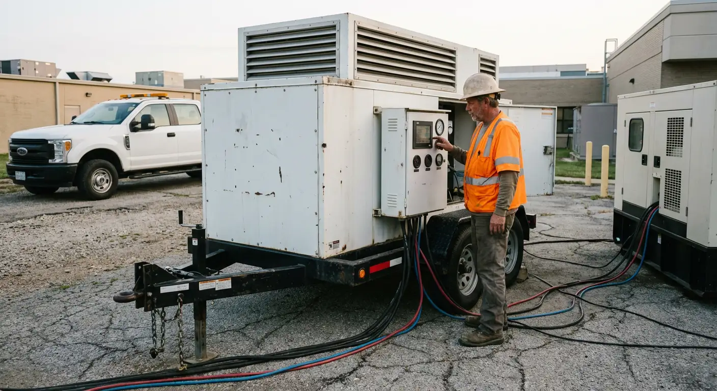 Technician in high-visibility gear adjusting controls on a portable load bank unit stationed outside a hospital utility bay at dawn. in National City, CA