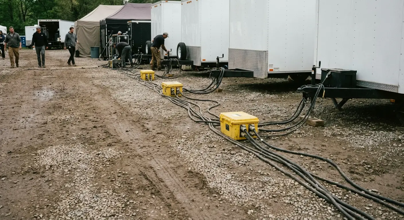 A behind-the-scenes view of a film production base camp; a row of white talent trailers is visible, with yellow cable ramps protecting heavy-duty power cables running along the ground. in National City, CA