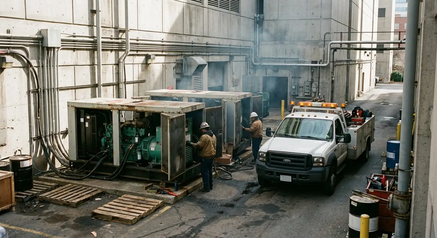 Two large white industrial generators connected in parallel outside a hospital utility building, with thick black cabling running into the facility. in National City, CA