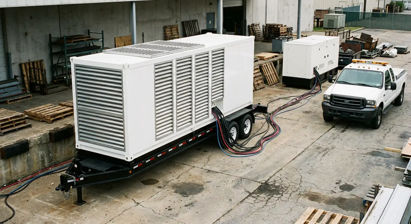 Wide shot of a large resistive load bank trailer connected to a commercial generator behind a busy warehouse loading dock. in National City, CA