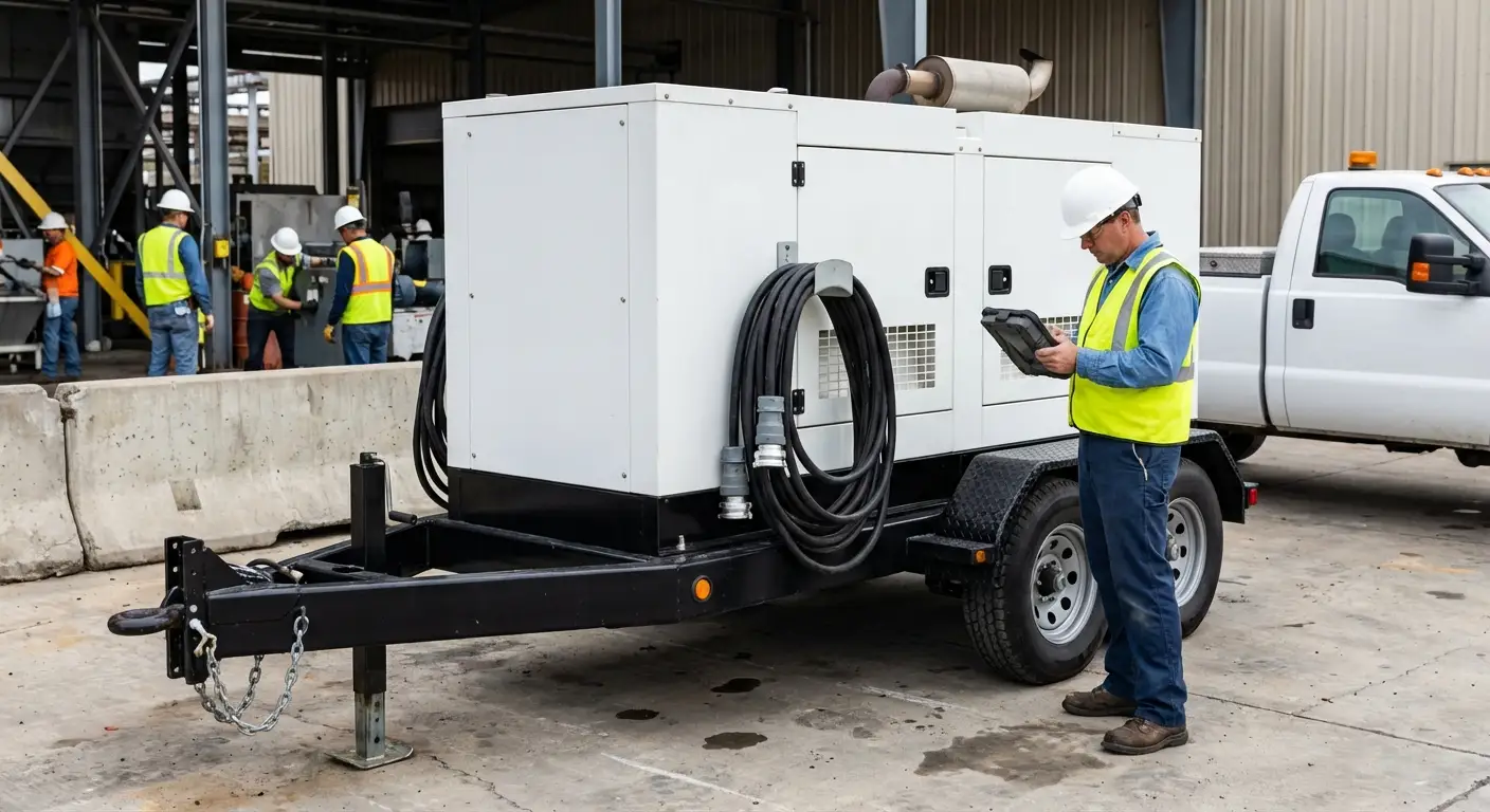 A technician checking the control panel of a towable generator stationed outside a brick factory building during the day, with industrial conduit visible. in National City, CA