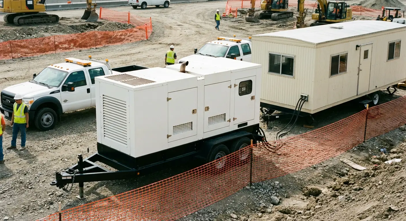 A rugged construction site setting featuring a beige mobile office trailer; in the foreground, a towable 40kW diesel generator is stationed on gravel, connected via thick black cabling to the trailer's power inlet. in National City, CA