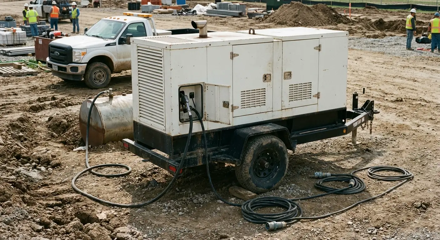 Early morning on a construction site, a fuel hose extending from a truck to a yellow towable generator sitting on gravel. in National City, CA