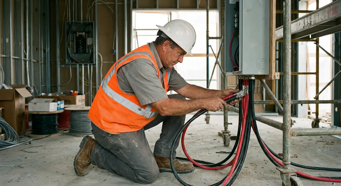 Close-up of heavy-gauge cam-lock cables being connected from a load bank to a building's main distribution panel. in National City, CA