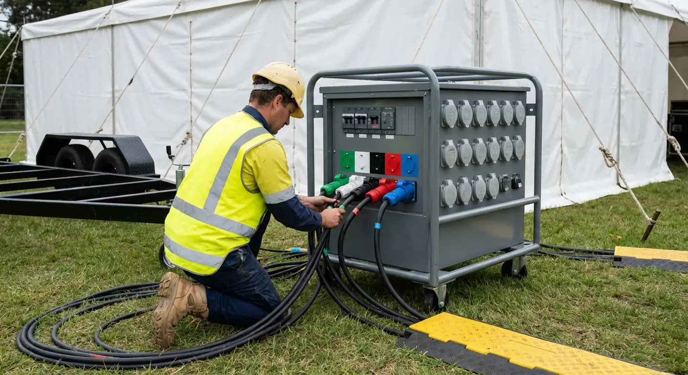 A sleek, white commercial generator placed discreetly behind a hedge at an outdoor event, connected to a distribution panel and spider boxes near a white tent. in National City, CA